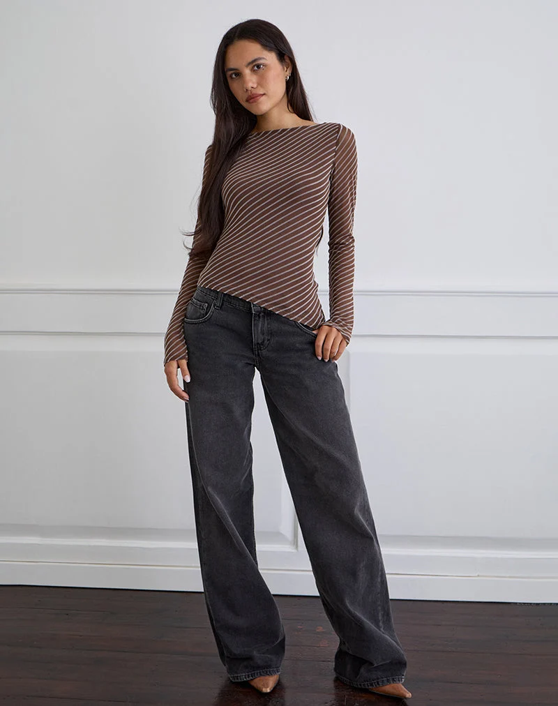 Lakya Langarm-Top in Diagonalstreifen beflockt Braun und Creme