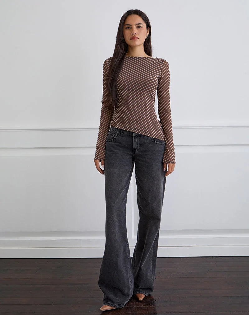 Lakya Langarm-Top in Diagonalstreifen beflockt Braun und Creme