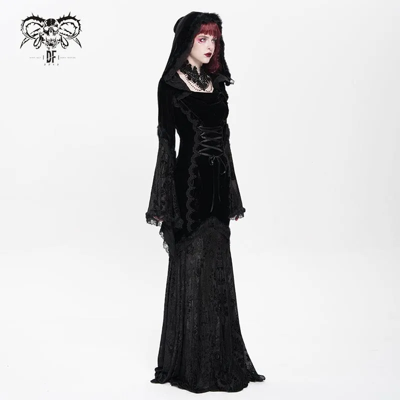 Schwarzes gotisches Brautkleid mit Kapuze, floraler Stickerei, Mesh-Einsätzen und Schnürung für Damen