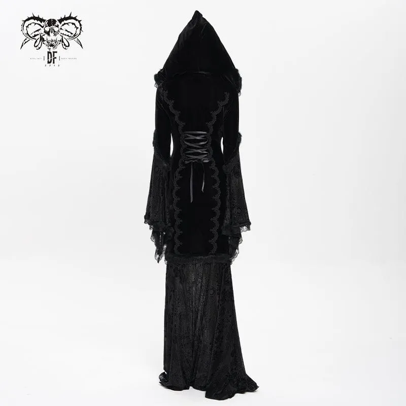Schwarzes gotisches Brautkleid mit Kapuze, floraler Stickerei, Mesh-Einsätzen und Schnürung für Damen