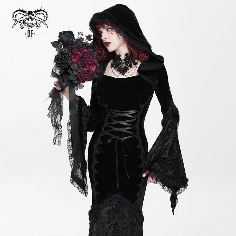 Schwarzes gotisches Brautkleid mit Kapuze, floraler Stickerei, Mesh-Einsätzen und Schnürung für Damen
