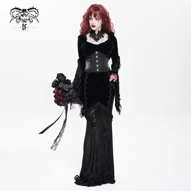 Schwarzes gotisches Brautkleid mit Kapuze, floraler Stickerei, Mesh-Einsätzen und Schnürung für Damen