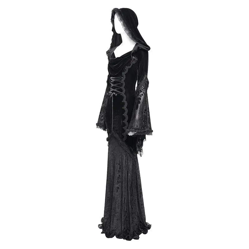 Schwarzes gotisches Brautkleid mit Kapuze, floraler Stickerei, Mesh-Einsätzen und Schnürung für Damen