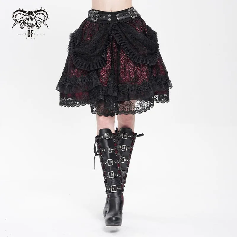 Gothic-Rock mit Schnallenriemen und mehrlagigem Saum für Damen, Rot