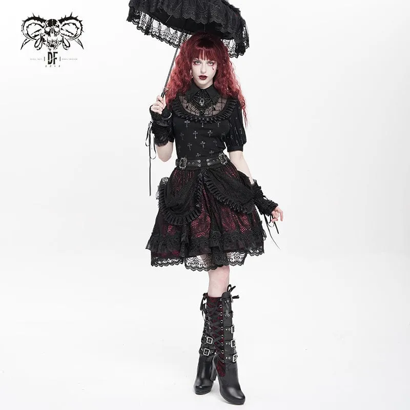 Gothic-Rock mit Schnallenriemen und mehrlagigem Saum für Damen, Rot