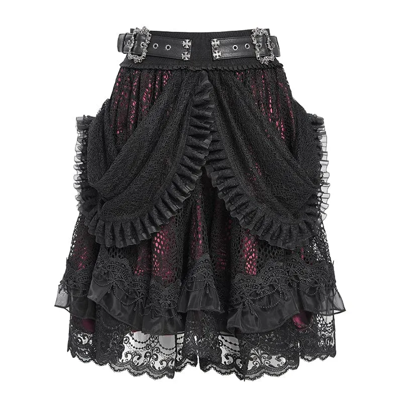 Gothic-Rock mit Schnallenriemen und mehrlagigem Saum für Damen, Rot