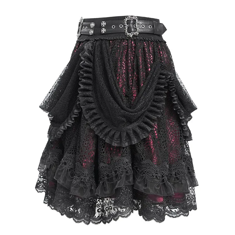 Gothic-Rock mit Schnallenriemen und mehrlagigem Saum für Damen, Rot