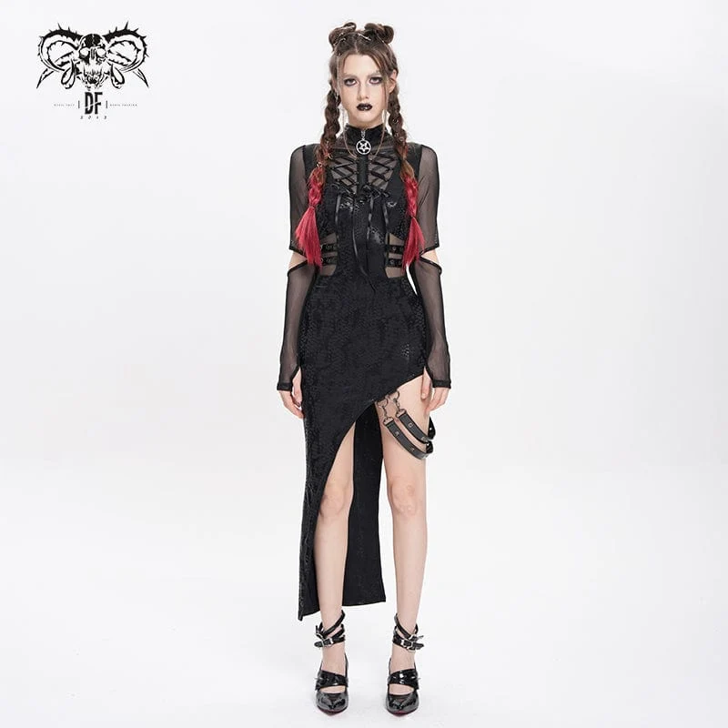 Damen Punk Mesh Splice Cutout Kleid mit abnehmbarem Träger