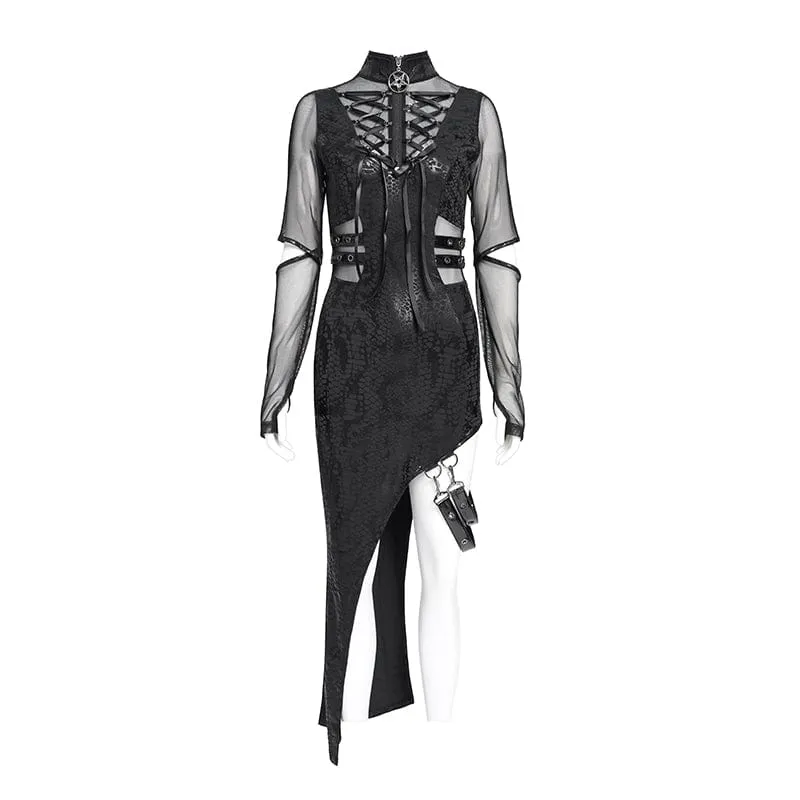 Damen Punk Mesh Splice Cutout Kleid mit abnehmbarem Träger
