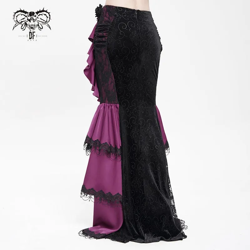 Gothic-Rock mit Blumenmuster und Rosenkette für Damen, Fischschwanz-Rock, Lila