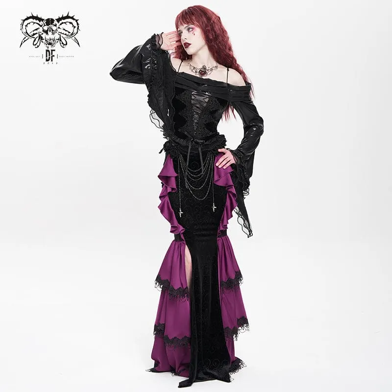 Gothic-Rock mit Blumenmuster und Rosenkette für Damen, Fischschwanz-Rock, Lila