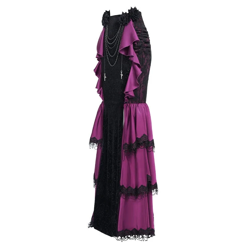 Gothic-Rock mit Blumenmuster und Rosenkette für Damen, Fischschwanz-Rock, Lila