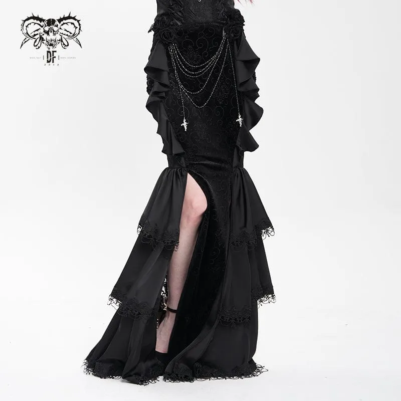 Gothic-Rock mit Blumenmuster und Rosenkette für Damen, Fischschwanz-Rock, Schwarz