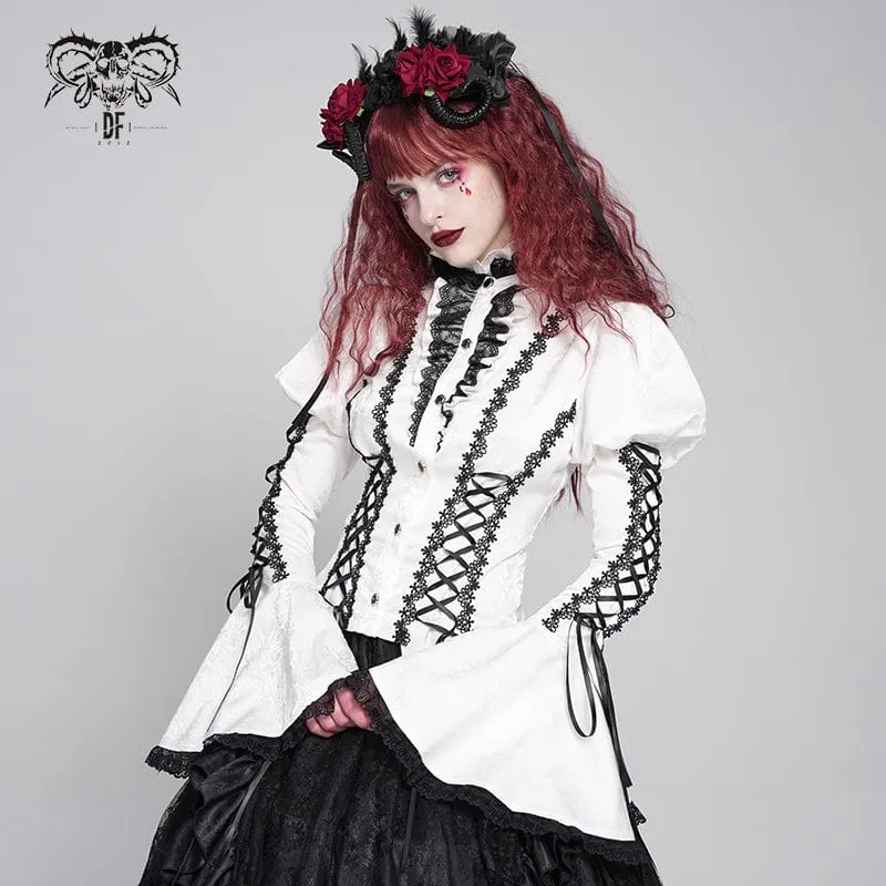Gothic Floral Jacquard-Schnürhemd mit Puffärmeln für Damen Weiß