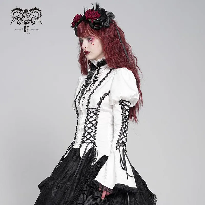 Gothic Floral Jacquard-Schnürhemd mit Puffärmeln für Damen Weiß
