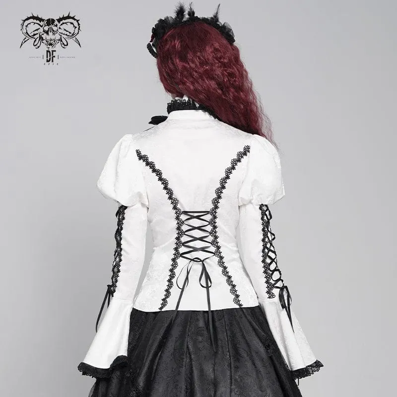 Gothic Floral Jacquard-Schnürhemd mit Puffärmeln für Damen Weiß