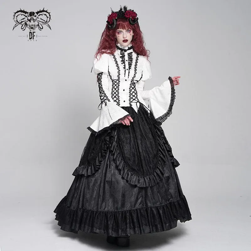 Gothic Floral Jacquard-Schnürhemd mit Puffärmeln für Damen Weiß