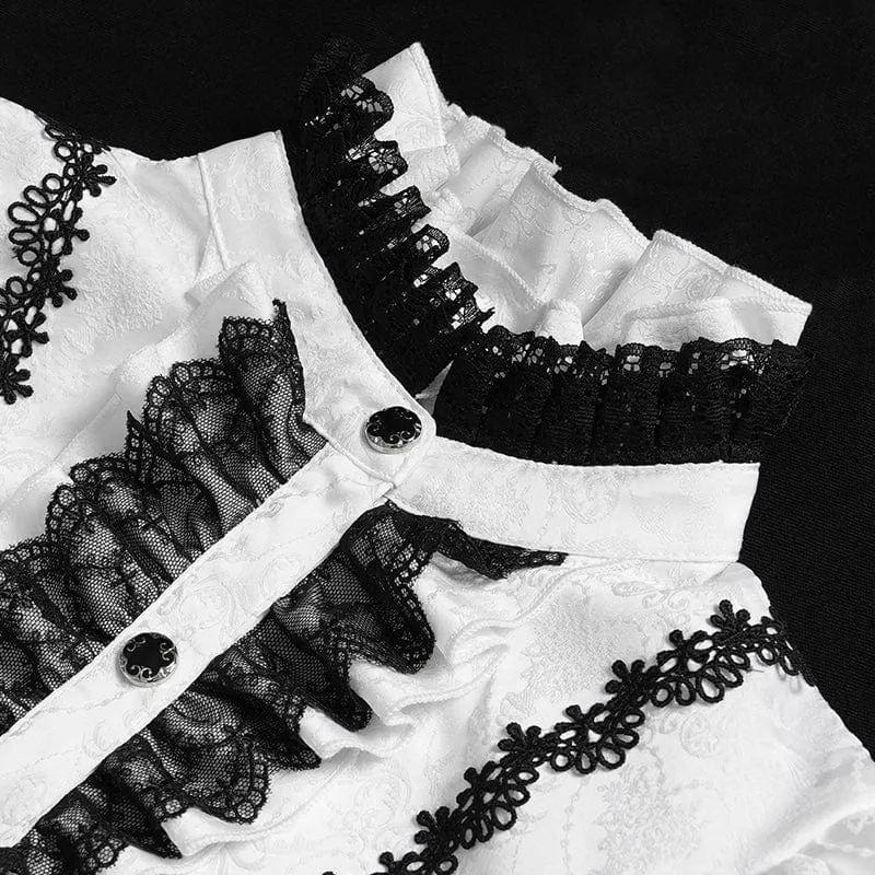 Gothic Floral Jacquard-Schnürhemd mit Puffärmeln für Damen Weiß
