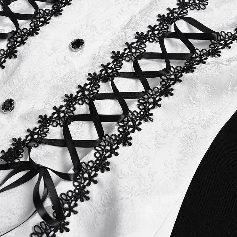 Gothic Floral Jacquard-Schnürhemd mit Puffärmeln für Damen Weiß