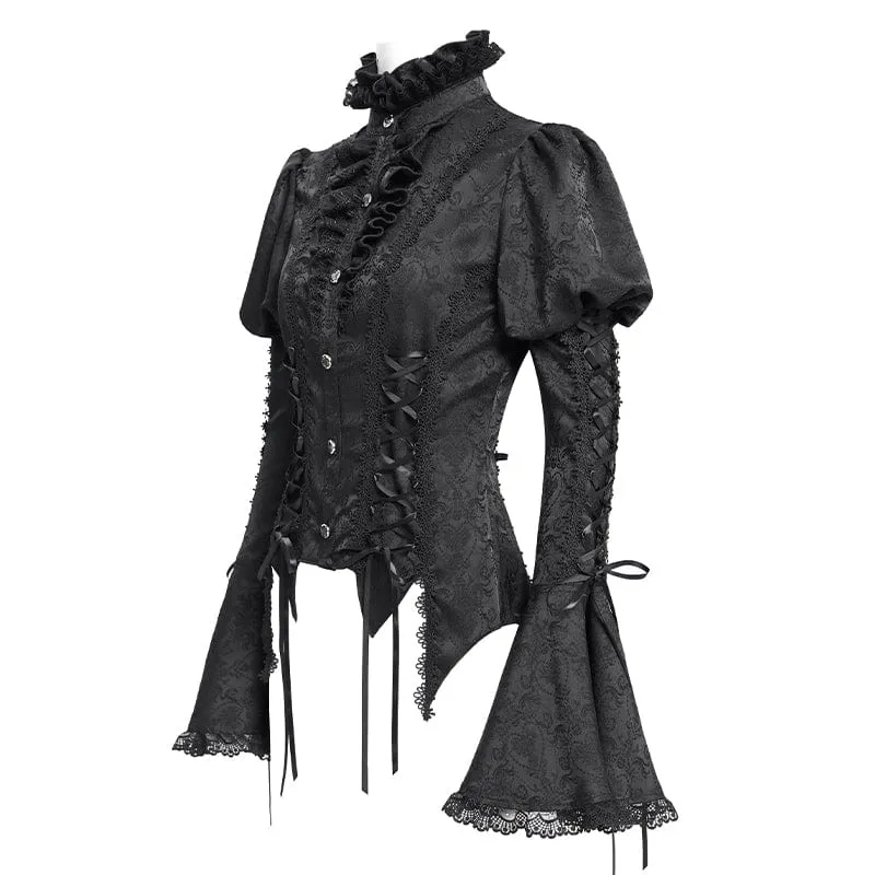 Gothic Floral Jacquard-Schnürhemd mit Puffärmeln für Damen Schwarz