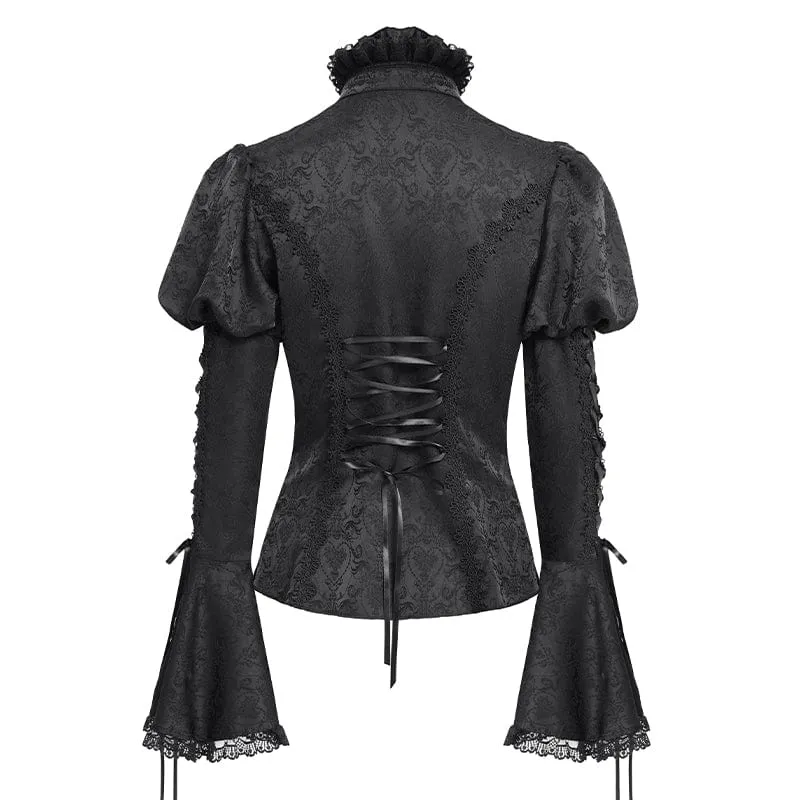Gothic Floral Jacquard-Schnürhemd mit Puffärmeln für Damen Schwarz