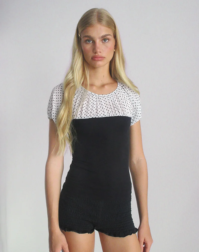 Naria Top aus Chiffon Weiß Basic Polka Schwarz