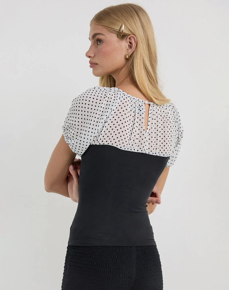 Naria Top aus Chiffon Weiß Basic Polka Schwarz