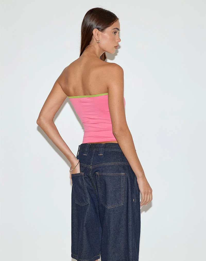 Tiria Cutout Bandeau Top in Bubble Gum mit blattgrüner Bindung
