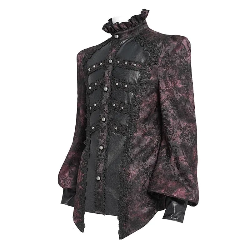 Herren Gothic Blumendruck Stehkragen Laterne Ärmel Hemd Schwarz-Rot