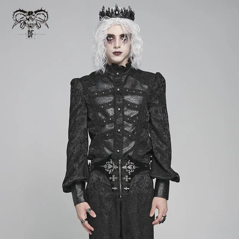 Herren Gothic Blumendruck Stehkragen Laterne Ärmel Hemd Schwarz