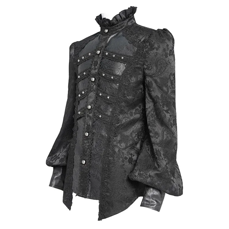 Herren Gothic Blumendruck Stehkragen Laterne Ärmel Hemd Schwarz
