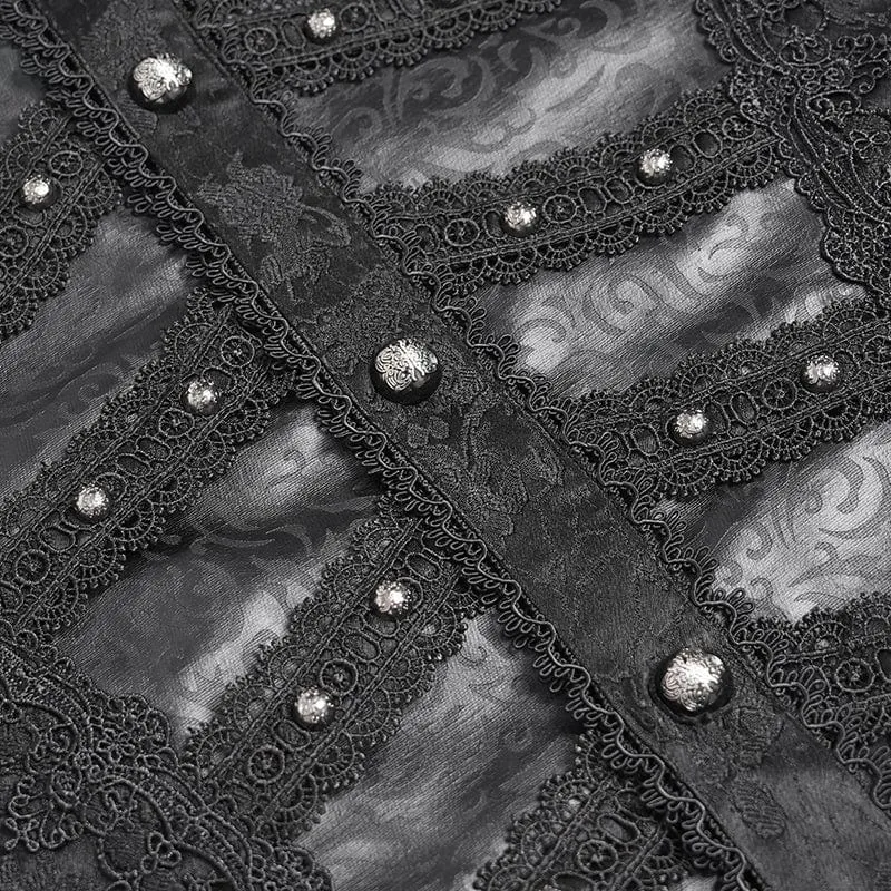 Herren Gothic Blumendruck Stehkragen Laterne Ärmel Hemd Schwarz