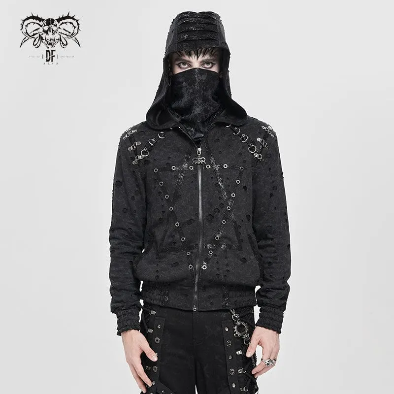 Herrenmantel mit zerrissenem Punk-Plissee und Hexagramm-Print