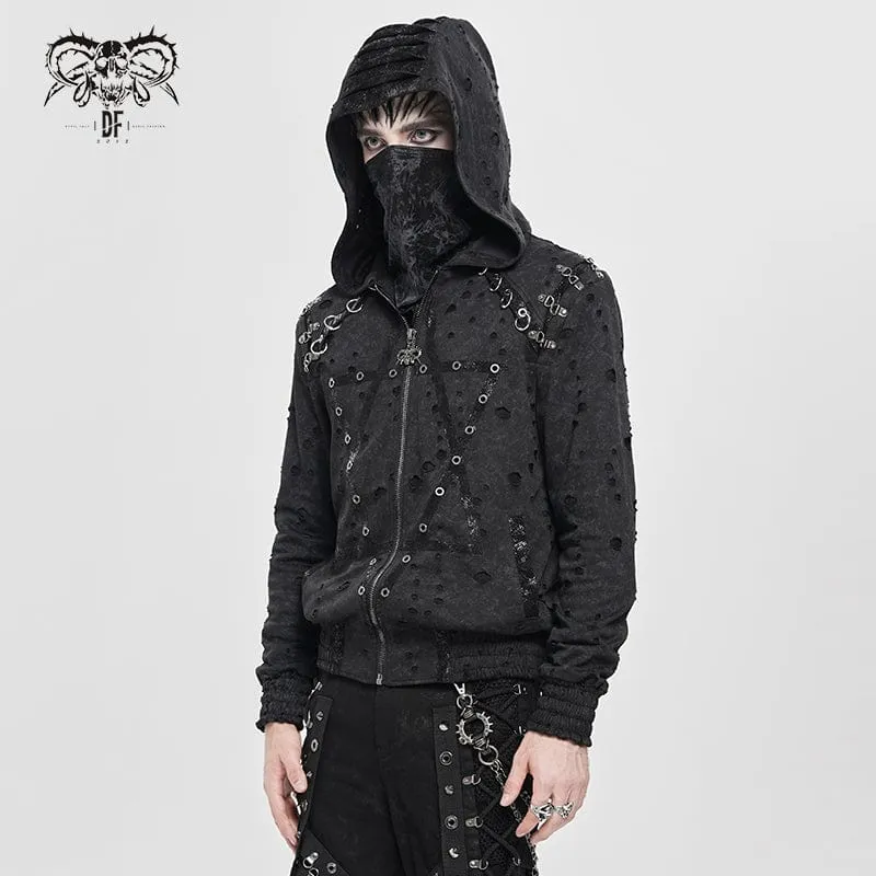 Herrenmantel mit zerrissenem Punk-Plissee und Hexagramm-Print