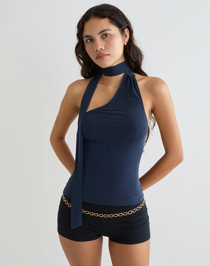 Aspyn Hochgeschlossenes Krawatten-Top aus Cupro Navy