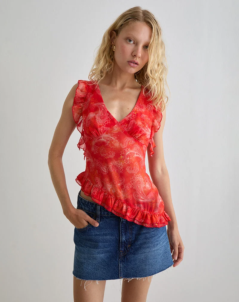 Iravela Asym Oberteil aus Paisley Chiffon Rot