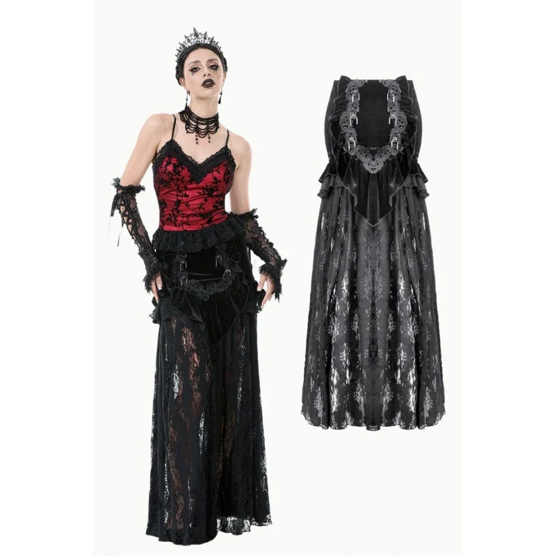 Damen Gothic Rüschen Samt Transparenter Spitzen Maxirock