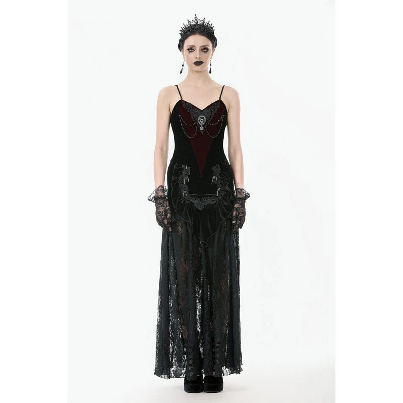 Damen Gothic Rüschen Samt Transparenter Spitzen Maxirock