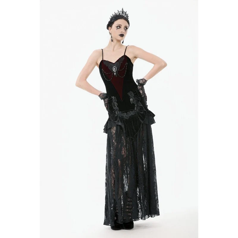 Damen Gothic Rüschen Samt Transparenter Spitzen Maxirock