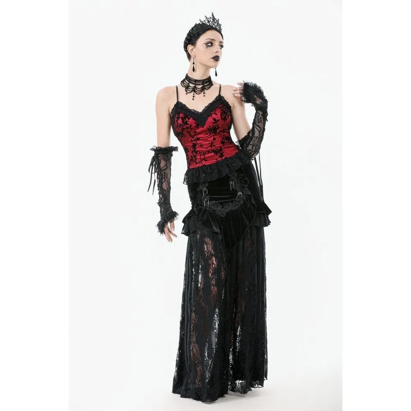 Damen Gothic Rüschen Samt Transparenter Spitzen Maxirock