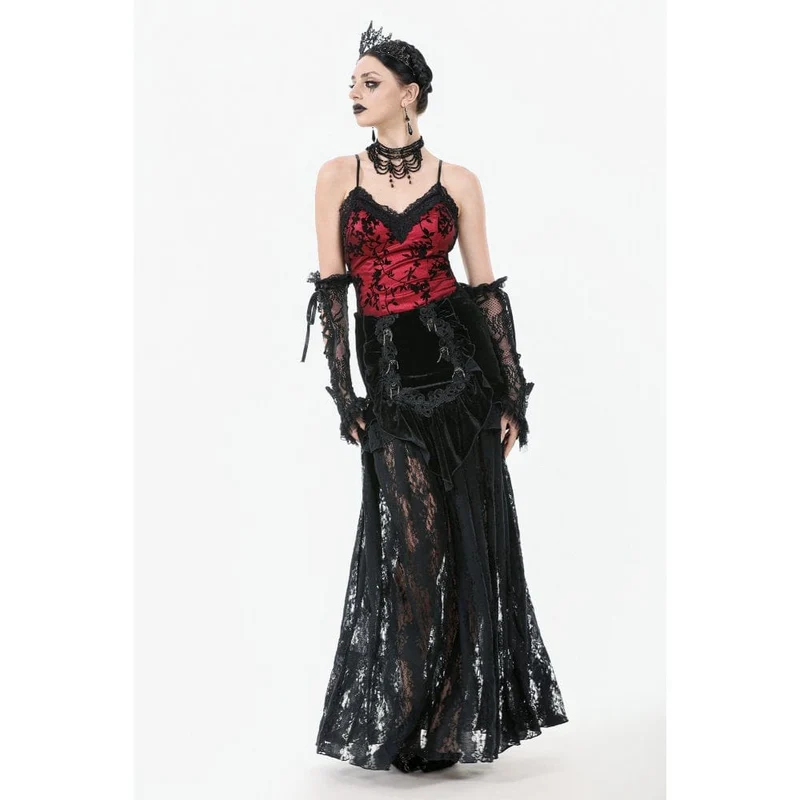 Damen Gothic Rüschen Samt Transparenter Spitzen Maxirock