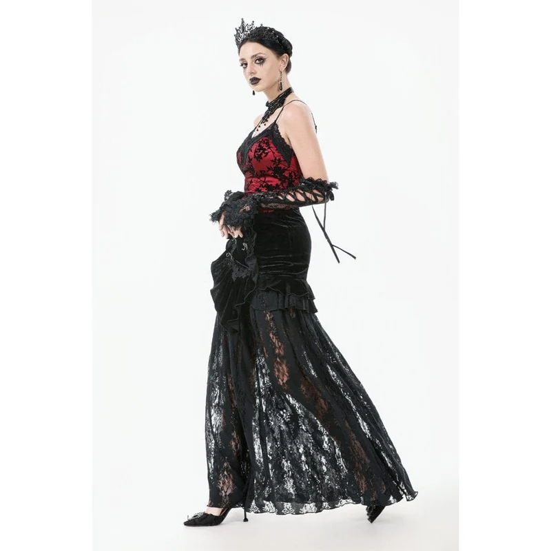 Damen Gothic Rüschen Samt Transparenter Spitzen Maxirock