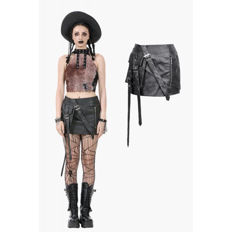 Kurzer Rock aus Kunstleder mit Punk-Trägern für Damen