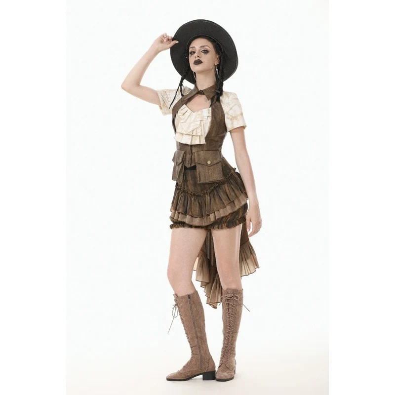 Steampunk-Frack-Pumphose für Damen mit Ankerknöpfen und Rüschenbesatz