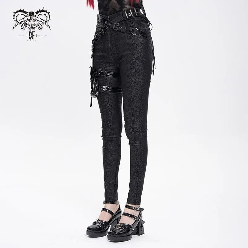 Damenhose mit Punk-Print und Schnallenriemen und Beintasche