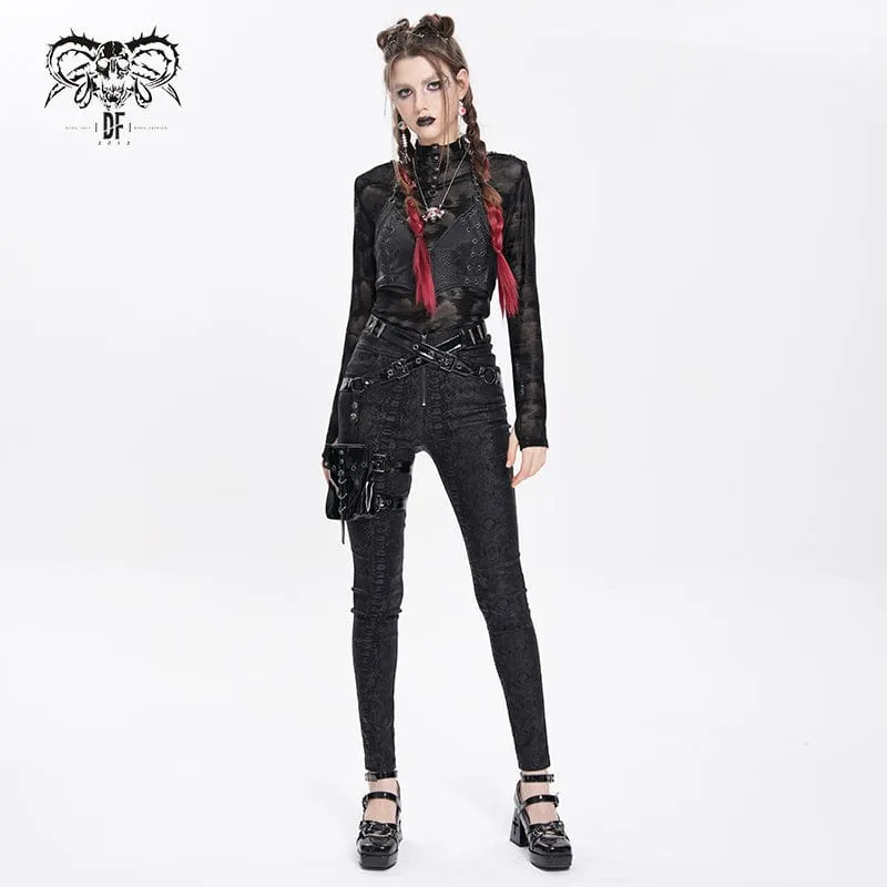 Damenhose mit Punk-Print und Schnallenriemen und Beintasche