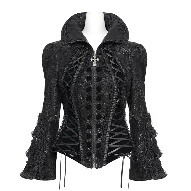 Gothic-Jacke für Damen mit Schnürung, Umlegekragen und ausgestellten Ärmeln