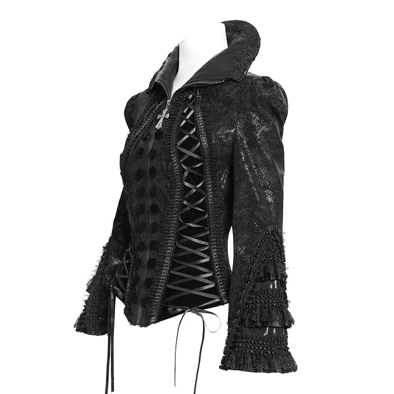 Gothic-Jacke für Damen mit Schnürung, Umlegekragen und ausgestellten Ärmeln