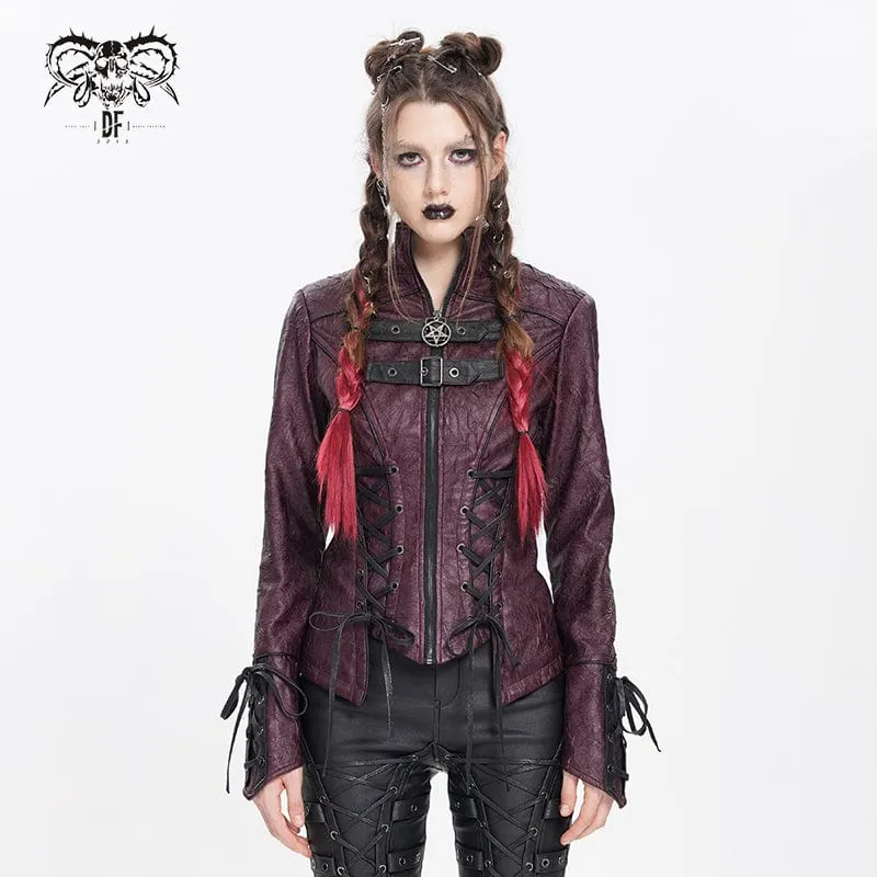 Damen Punk Pentagramm Schnalle Riemen Schnürjacke Rot