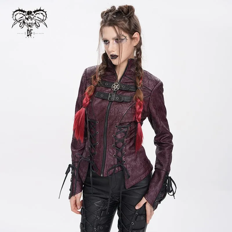 Damen Punk Pentagramm Schnalle Riemen Schnürjacke Rot